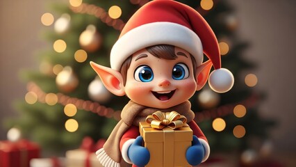 Cheerful Elf Child Holding Gift Under Christmas Tree.