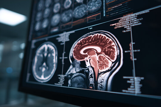 High-resolution sagittal MRI brain scan displayed on diagnostic monitor in hospital radiology lab, detailed neuroimaging for clinical diagnosis and research