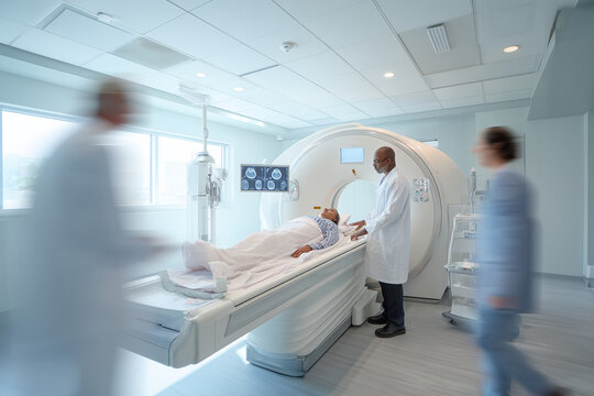 Doctor preparing patient for MRI scan in a modern imaging suite &mdash; compassionate care and advanced radiology technology in hospital setting