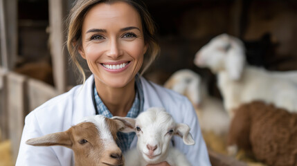 Faceless smiling female veterinarian in rural clinic holding goat with playful expression, surrounded by farm animals and rustic decor, livestock veterinary care, defocused vet, wi