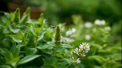 Garden ecosystem thriving with predatory insects protecting plants, ecological balance, natural pest control, beneficial insect activity, organic farming method, biodiversity manag