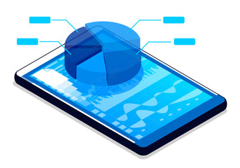 Isometric stock market pie chart in a financial trader online workspace. 3D vector concept isolated on white background