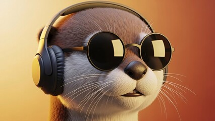 Stylish Otter Portrait With Headphones And Sunglasses.