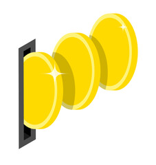 Isometric shiny coins are inserted into coin acceptor of street self service machine even for food and drinks. Isolated cartoon vector on white background top view