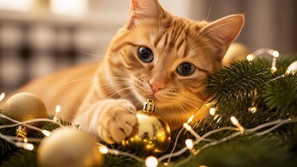 Playful orange cat among festive lights and ornaments.
