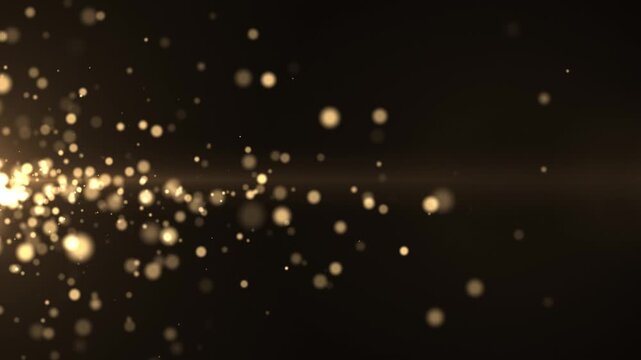Elegant golden bokeh particles floating on a dark background, creating a luxury abstract atmosphere for festive, cinematic and premium motion graphics.