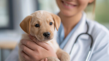 Faceless veterinarian holding puppy in animal clinic smiling during pet care consultation, professional service animal health and bonding moments with pets, defocused vet, with cop