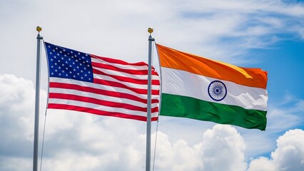 American and Indian Flags Flying Side by Side in the Sky.