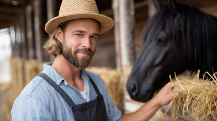 Faceless caring ranch hand attentively tending to horse in stable, highlighting deep bond and nurturing relationship between humans and animals in serene agricultural setting, defo