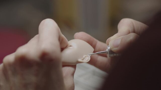 Closeup of artist using handheld rotary tool to carve ear details on silicone doll head, focusing on precision and realism in doll sculpting process