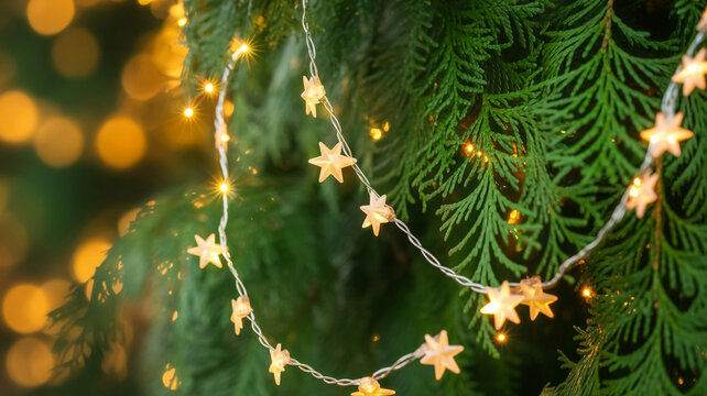 A close-up of a Christmas tree decorated with star-shaped lights and ornaments - Powered by Adobe