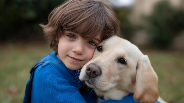 Faceless child with autism playing with service dog, strong bond heartwarming interaction, therapeutic companionship, positive impact on development, emotional support, special nee