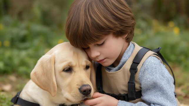 Faceless child with autism playing with service dog, strong bond heartwarming interaction, therapeutic companionship, positive impact on development, emotional support, special nee
