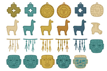 Collection of colorful designs featuring llamas, faces, and shapes on a white background in a bright arrangement