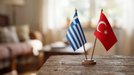 Two small flags of Greece and Turkey on a wooden table in a bright room