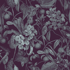 A tropical seamless pattern with orange fruits, orchid flowers, milkweed, and Lagerstroemia. Botanical wallpaper with exotic plants, hand-painted in watercolor.