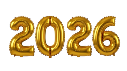 Golden metallic foil balloons forming the number 2026 against a stark black background