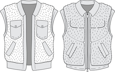 Grey Textured Vest Vector Illustration Set Featuring Technical Apparel and Outdoor Gear Fashion Designs
