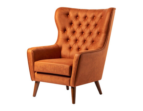 Isolated against a white background, this chic mid-century modern upholstered armchair has a warm rust tint, cut out