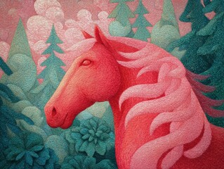 A vibrant, fantasy-inspired painting of a pink horse standing in a lush, whimsical forest. The horse features intricate decorative patterns on its body, blending various shades of pink and red
