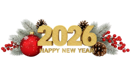 Golden glitter 2026 happy new year text with festive holiday decoration elements