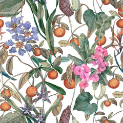 A tropical seamless pattern with orange fruits, orchid flowers, milkweed, and Lagerstroemia. Botanical wallpaper with exotic plants, hand-painted in watercolor.