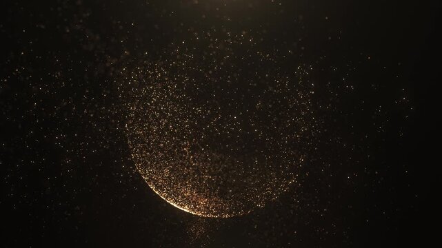 Abstract golden particle sphere forming in darkness, with sparkling dust and glowing points, creating a luxury, futuristic and cinematic motion background.