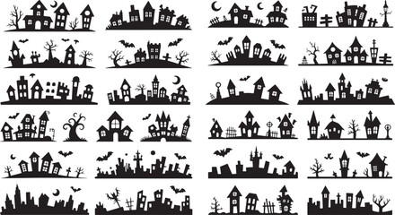 Obraz premium Collection of spooky Halloween town silhouettes with haunted houses and bats flying