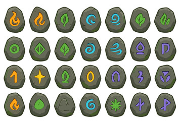 Different symbols on rocks placed in a grid pattern showing various shapes and colors