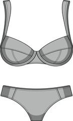 Grey Lingerie Set: Technical Sketch Featuring Underwire Bra and Matching Panty Apparel Design Templates