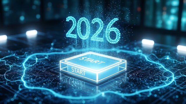 A futuristic start button with the year 2026 glowing in a digital circuit - Powered by Adobe