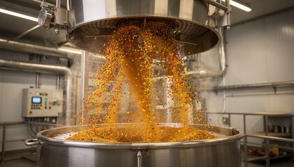Medium shot of fluidbed agglomeration equipment producing instantdispersible flavored spice granules with vibrant colors and fine texture detail.