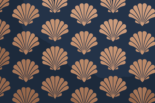 Pattern of gold shells on a dark blue background with regular spacing and repeated design suitable for various uses