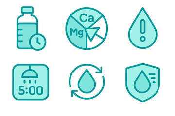 Set of health and wellness icons showing water intake, mineral balance, and hydration reminders in a simple design