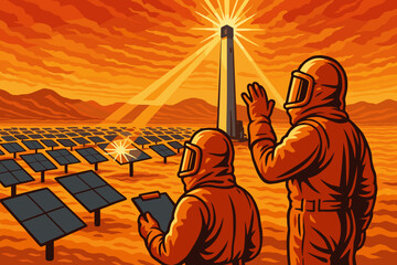 Workers observe solar panels in a desert area during sunset while noting details at a solar power plant