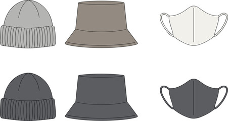 Apparel Accessory Technical Sketch Set: Featuring Beanie Hats, Bucket Hats and Fabric Face Masks