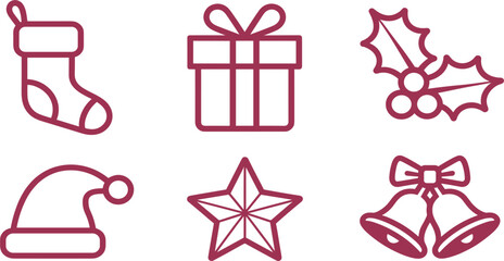Minimalist Maroon Christmas Icon Set: Featuring Stocking, Gift, Holly Santa Hat Star and Bells Illustrations