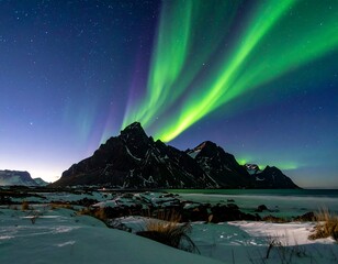 Vivid aurora borealis dances above snow-covered mountains by the sea