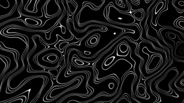 An abstract animated topographic map with contour lines on a black background. Moving waves.