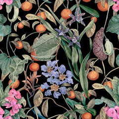 A tropical seamless pattern with orange fruits, orchid flowers, milkweed, and Lagerstroemia. Botanical wallpaper with exotic plants, hand-painted in watercolor.