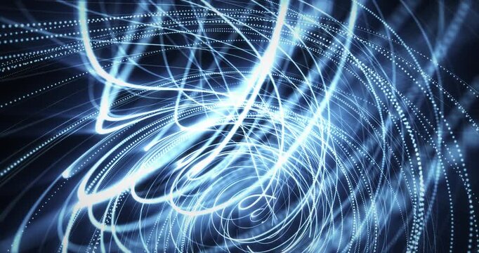 Dynamic blue light trails and glowing particles swirl on a dark background, forming an abstract futuristic motion design inspired by data, energy, and networks.