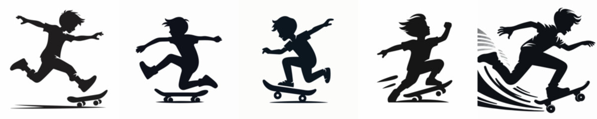 Obraz premium Silhouette of a Young Boy Riding a Skateboard Vector Illustration