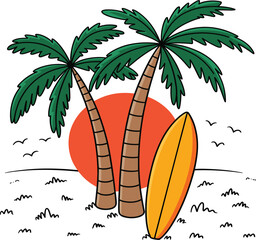 Colorful Tropical Beach Illustration Featuring Palm Trees, a Surfboard and Sunset for Summer Vacation Designs