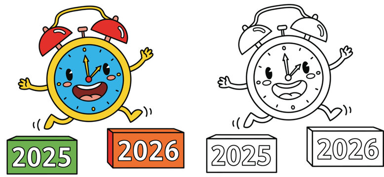 This adorable cartoon alarm clock jumps from 2025 to 2026. It's a vector illustration of a joyful New Year transition with a black and white coloring page outline
