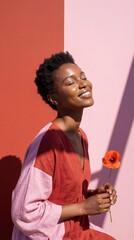 African woman looking upward with joyful celebration and freedom