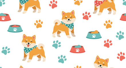 Fototapeta premium Adorable seamless pattern of cute Shiba Inu dogs wearing bandanas with their food bowls and colorful paw prints on a white background.