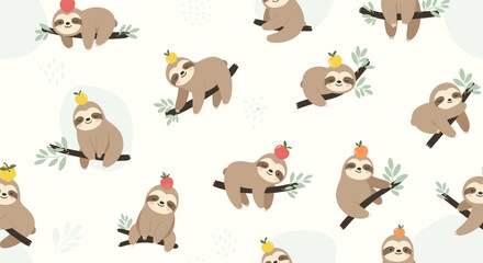Fototapeta premium Adorable seamless pattern of cute and sleepy cartoon sloths resting on tree branches, some with little fruits balanced on their heads.