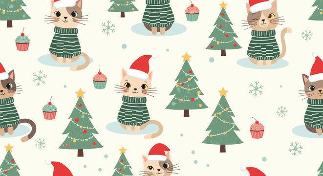 Adorable Christmas seamless pattern with cute cartoon cats in festive sweaters and Santa hats, Christmas trees, and sweet cupcakes.