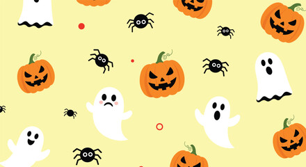 Fototapeta premium Spooky and fun Halloween seamless pattern with cartoon ghosts making funny faces, carved pumpkins, and spiders on a yellow background.