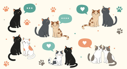 Charming collection of cute cartoon cat couples sitting together and communicating with speech bubbles on a soft beige background.